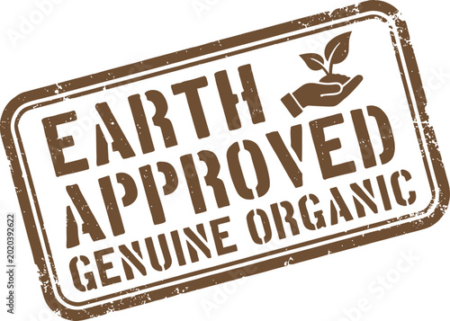 Earth Approved Genuine Organic stamp with hand and leaf