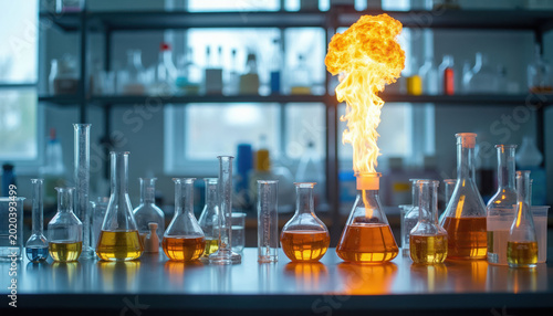 Glass flasks and cylinders contain amber liquid. One flask burns with bright flame during science experiment. Research lab bench setup with labware and scientific apparatus.