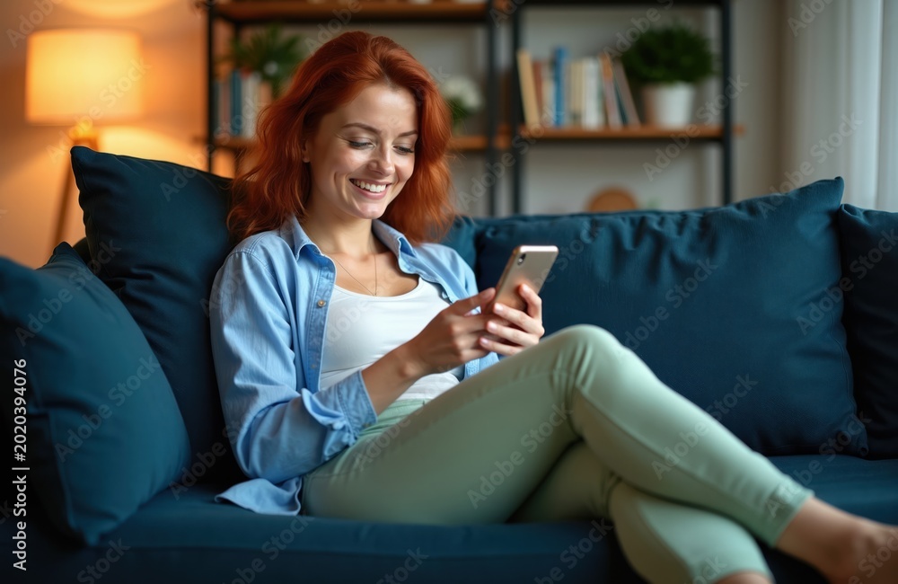 Obraz premium Redhead woman smiles using smartphone on blue sofa at home. Person browses phone screen happily, enjoys digital connection and leisure time. Cozy apartment living room setting.