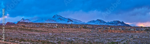 Photography Aerial Snow Covered Red Rock Mountains Panorama with Las Vegas Neighborhood