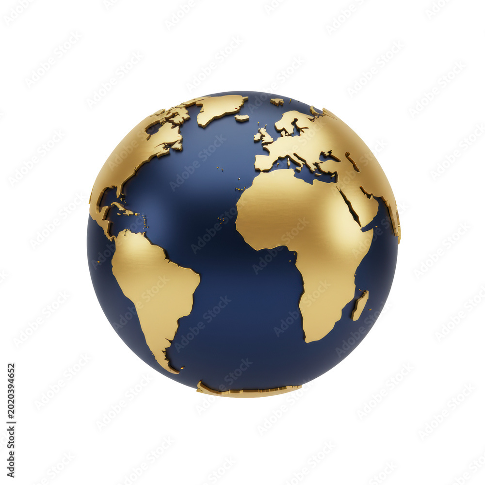 Fototapeta premium Minimalist 3d globe with geometric gold continents on a deep navy blue satin ocean sphere against a stark white background. concept of global luxury design