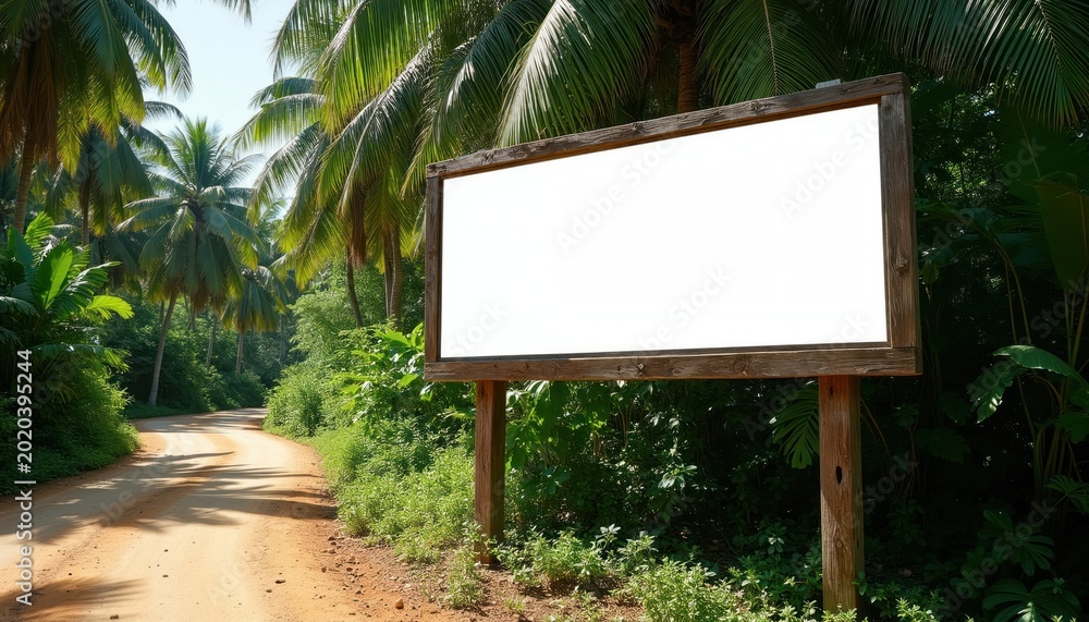 Fototapeta premium Empty white sign on dusty road lined with palm trees. Tropical jungle vegetation surrounds dirt path. Blank billboard awaits advertisement information for travel destinations.