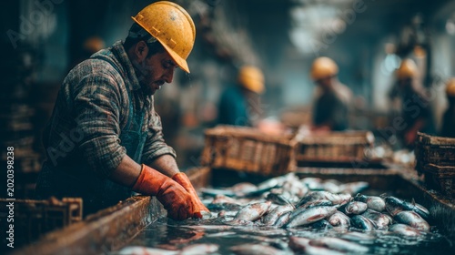 Worker handles fish in a factory during morning hours while surrounded by other workers at busy facility