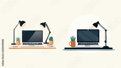Modern home office desk setups with laptops, lamps, and potted plants, illustrating comfortable and productive remote work environments for contemporary professionals