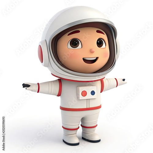 Smiling cartoon child in a white astronaut suit with red accents and a helmet stands with arms outstretched in a friendly pose.