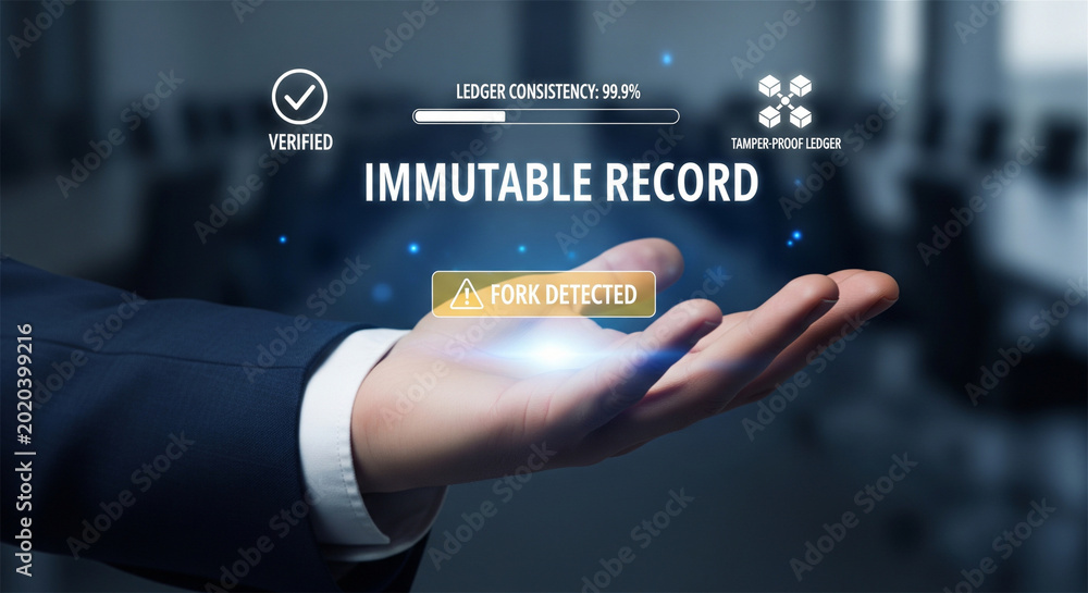 Obraz premium Blockchain immutable record concept, businessman holding holographic ledger consistency data, secure database fork detected warning