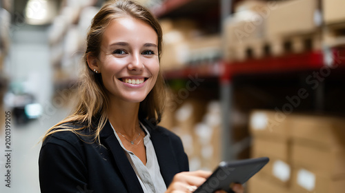 Smiling young woman in professional attire holds a digital tablet in a busy warehouse setting  showcasing effective inventory management