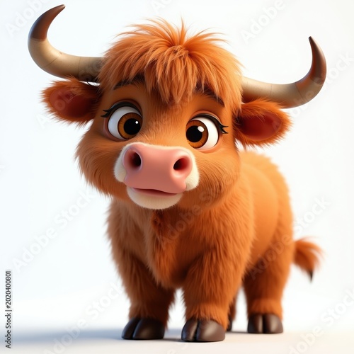 Adorable cartoon highland cow character. Small fluffy furry bull with big eyes and horns. Cute playful animal with brown fur for kids designs.