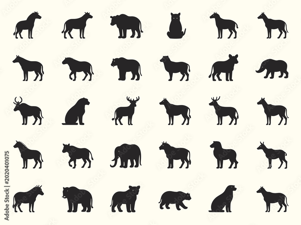 Obraz premium Forest Wildlife Animal Silhouette Icon Set with Bears Deer Wolves Dogs and Cats Vector Collection