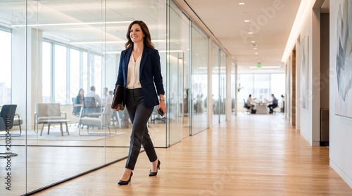 Businesswoman walking, modern office hallway, professional attire, corporate environment