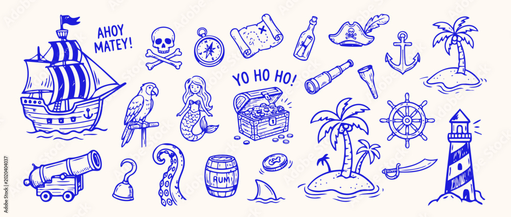 Εκτύπωση καμβά Ahoy Matey's Pirate Treasure: An illustrated ensemble of nautical elements conjures the thrill of swashbuckling adventures
