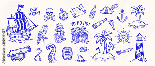 Tableau sur toile Ahoy Matey's Pirate Treasure: An illustrated ensemble of nautical elements conjures the thrill of swashbuckling adventures