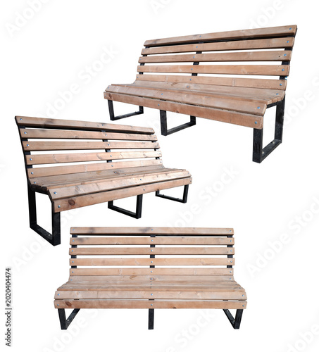 Simple wooden bench isolated on white background in multi angle collage