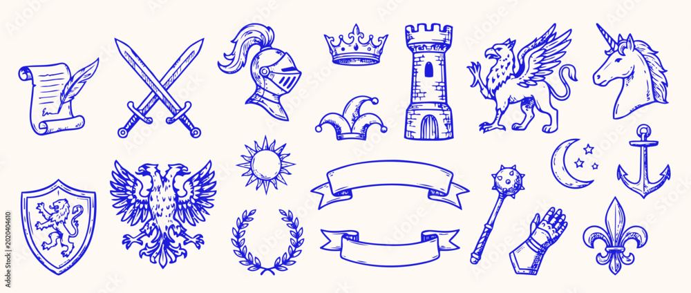 Εκτύπωση καμβά Ancient Symbols and Medieval Imagery: A collection of meticulously sketched, royal emblems and historic elements evoke a sense of heritage and chivalry