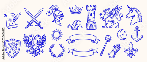 Canvas Print Ancient Symbols and Medieval Imagery: A collection of meticulously sketched, royal emblems and historic elements evoke a sense of heritage and chivalry