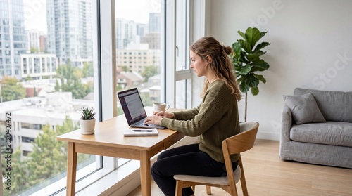 woman working on laptop at desk, home office, remote work, city view