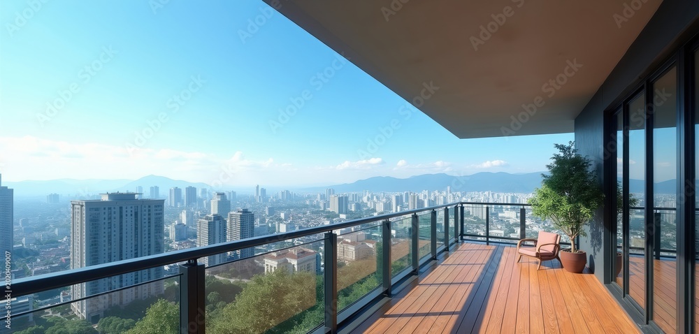 Fototapeta premium Modern balcony with city view. Wooden floor deck chairs and potted plant on terrace. Clear blue sky over urban sprawl landscape. Tall buildings stretch to the horizon.