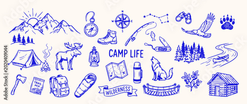 Fotografía Camp Life Sketch: A whimsical sketch depicts the essence of camp life, with a collection of outdoor elements, inviting adventure and the spirit of exploration