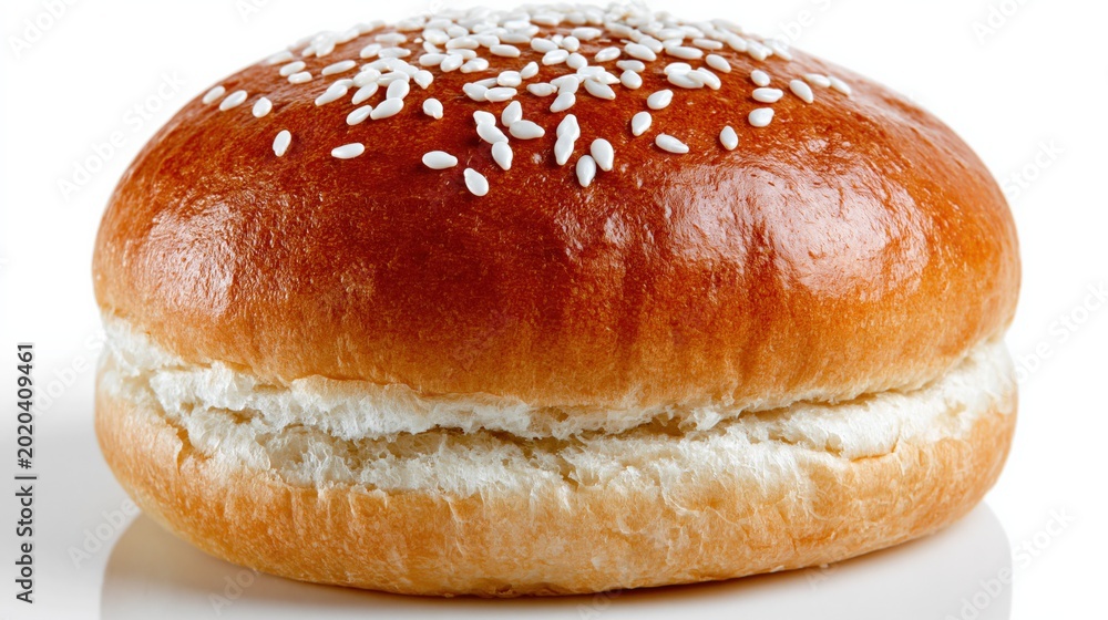 Fototapeta premium Golden Baked Brioche Burger Bun with Sesame Seeds and Fluffy Interior, Ready for Grilling