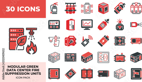 Modular green data center fire suppression and system monitoring icons