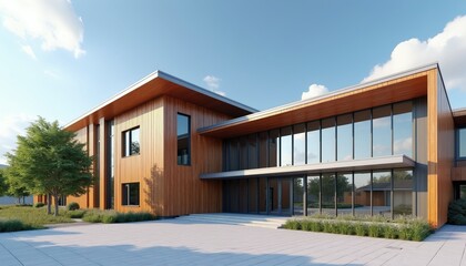 Modern school building with wood, glass facade. Contemporary architecture design for learning environment. Bright exterior showcases natural light, outdoor space. Future educational campus concept.