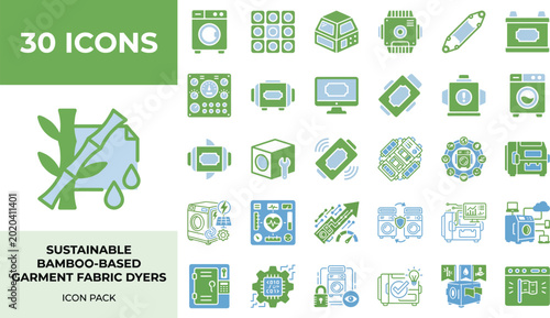 Sustainable fabric dyer operations management icons featuring monitor and controller