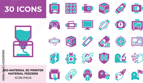 Bio material 3d printer feeders icon set for system operations with controller and monitoring