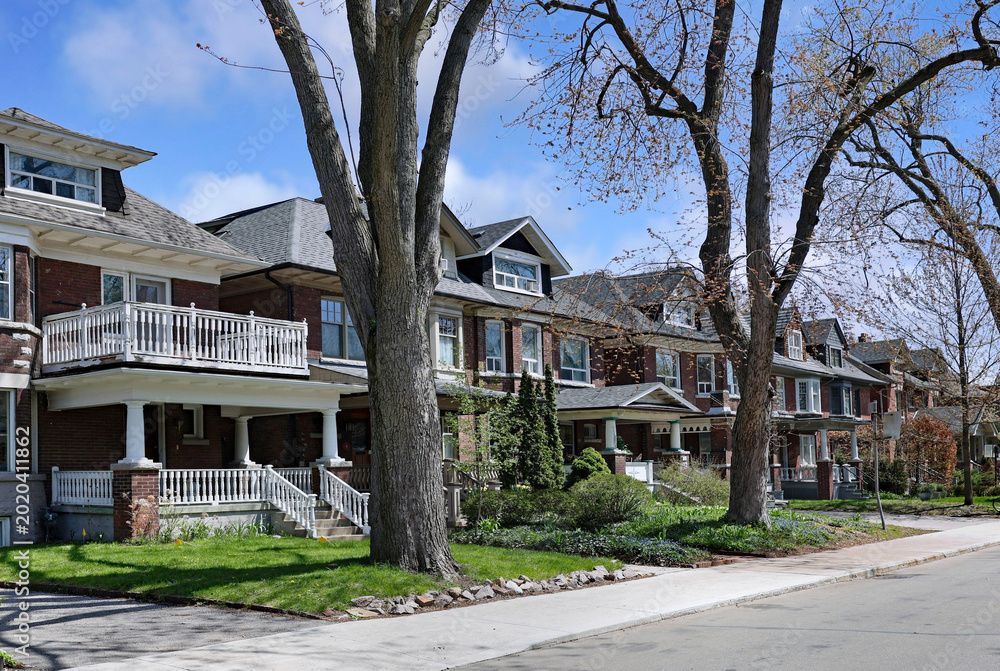 Fototapeta premium Tree-lined street of three story brick houses with dormer windows