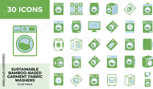 Sustainable bamboo laundry system icons with wireless and maintenance