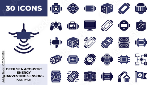 Deep sea acoustic sensors energy harvesting and underwater monitoring icons