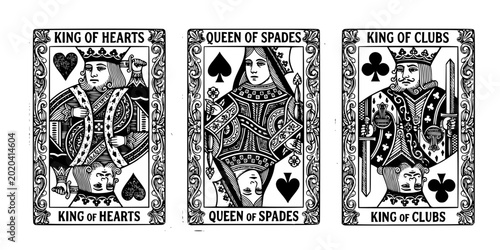 Black and white vintage playing card faces of kings and queen in classic design
