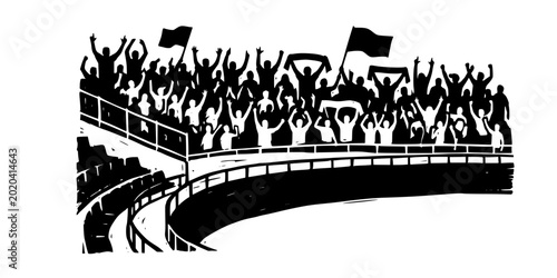 Crowd silhouette cheering in stadium stands with raised hands and energetic celebration
