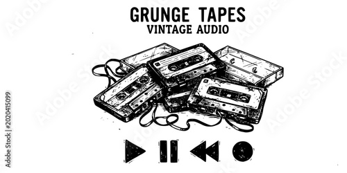 Grunge cassette tape collection vintage audio media, retro music sound recording icons, black distressed texture
