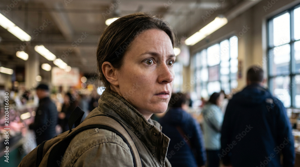 Fototapeta premium Shocked woman with wide eyes in crowded market
