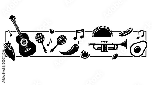 Mexican culture and fiesta concept banner with traditional food and instruments.
