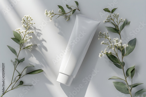 Minimalist white cosmetic tube mockup on a light grey background with elegant floral branches and soft sunlight shadows, top view for beauty product branding.