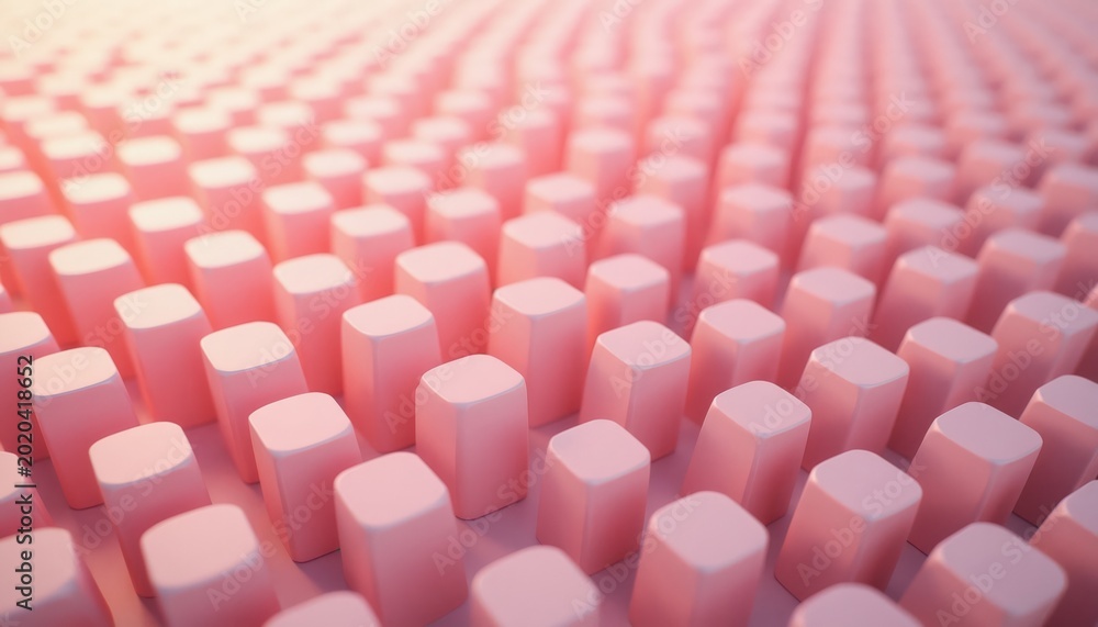 Obraz premium Rows of soft pink cubes create repeating geometric pattern. Gentle light casts subtle shadows on smooth, pastel surface. This abstract, 3D texture offers delicate, feminine backdrop for design.
