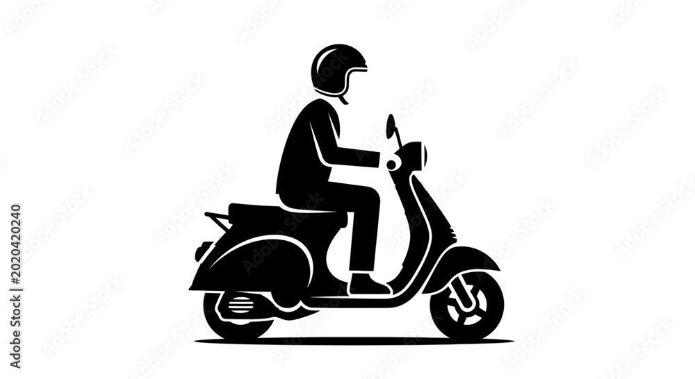 Φωτογραφία Man riding a classic motor scooter silhouette, delivery man or commuter on moped vector illustration