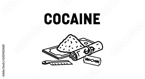 Fotografía Cocaine drug concept illustration with powder pile, rolled money, razor blade, and comb in line art style