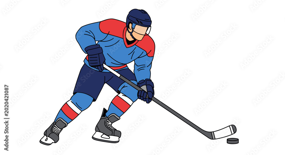 Fototapeta premium Ice hockey player in action wearing blue and red uniform holding stick with puck vector illustration.
