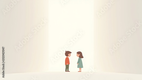 Minimalist illustration of two small children facing each other in a bright white void representing friendship and communication