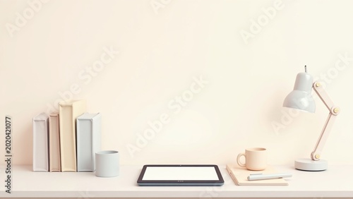Minimalist 3D Render of a Modern Home Office Workspace with Tablet, Desk Lamp, and Books in Pastel Colors