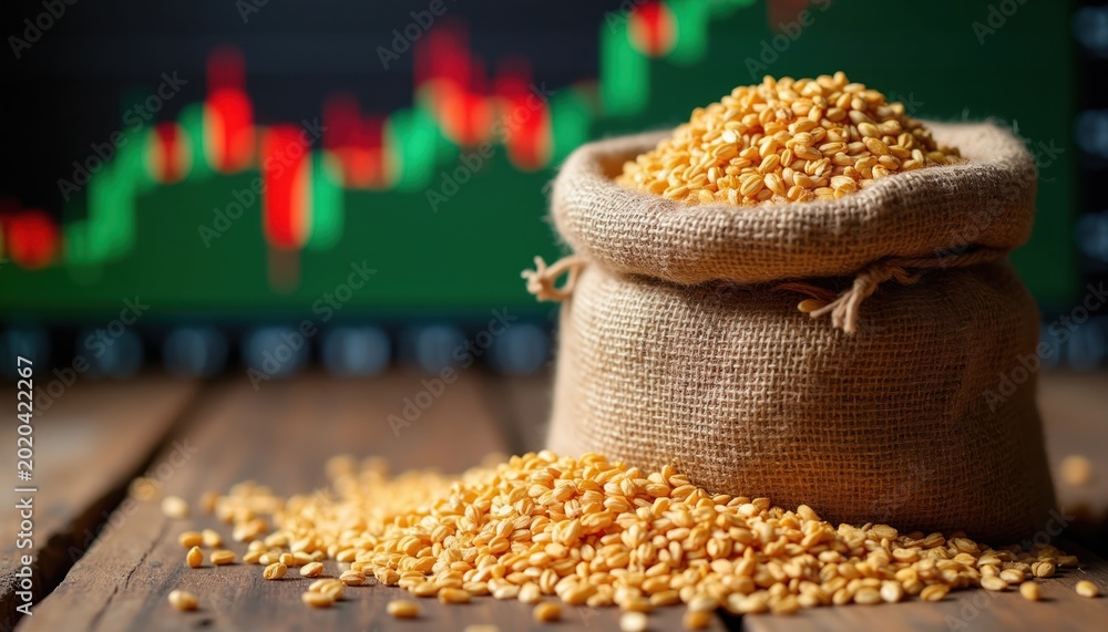 Fototapeta premium Sack of grain sits on wood table. Stock chart behind shows price trend. Rising commodity cost affects global food supply chain. Agriculture market dynamics influence economy.