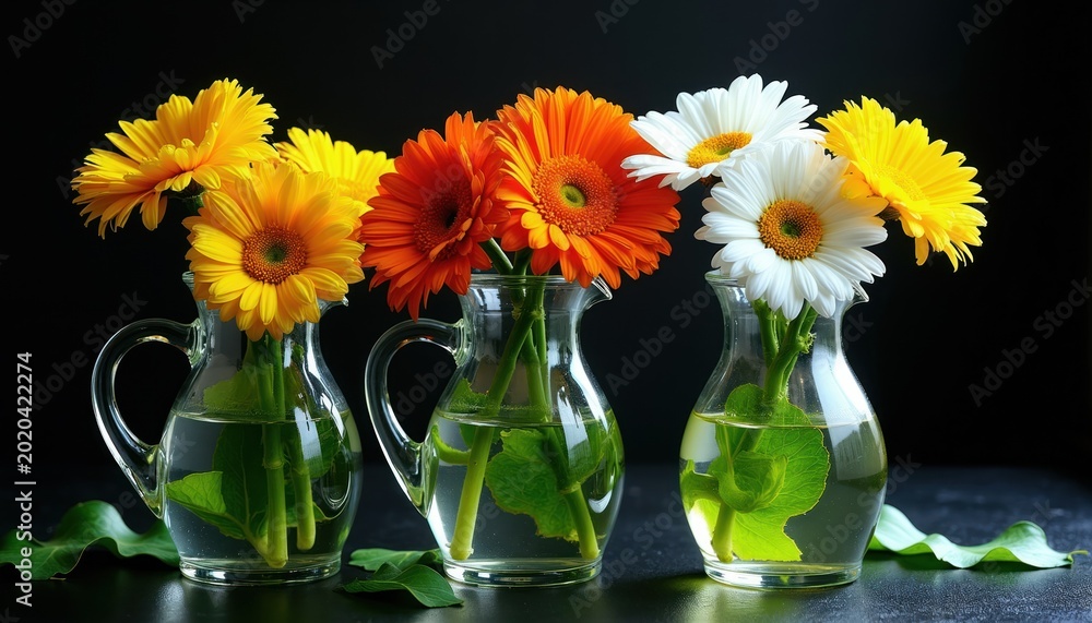 Obraz premium Three glass pitchers hold yellow orange and white gerbera daisies. Water and green leaves fill pitchers on dark reflective surface. Floral arrangement for decor.