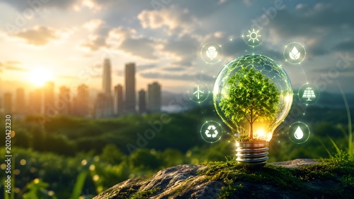 Growing tree inside a lightbulb on a mossy rock with digital eco icons and city landscape background symbolizing green energy and sustainable innovation.