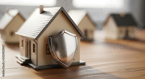 Residential protection shield leans against a miniature house model with a shallow depth of field. Perfect for mortgage and home insurance marketing.