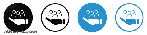 Flat vector illustration of a hand holding three people avatars. Conceptual icon for human resources, employee care, customer support, and leadership protection.