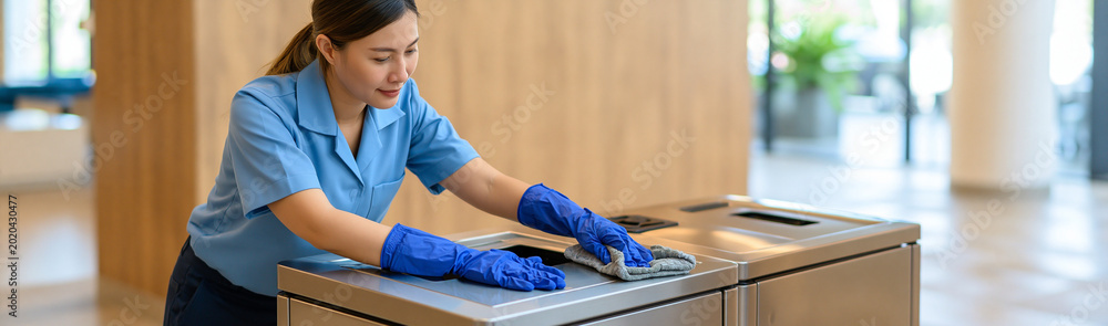Obraz premium Diligent Janitor in a Modern Lobby: A focused janitor wearing blue gloves meticulously cleans a stainless steel trash receptacle in a sleek, modern lobby.