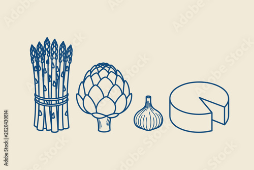 Foto Blue line of asparagus artichoke garlic and cheese on beige background food