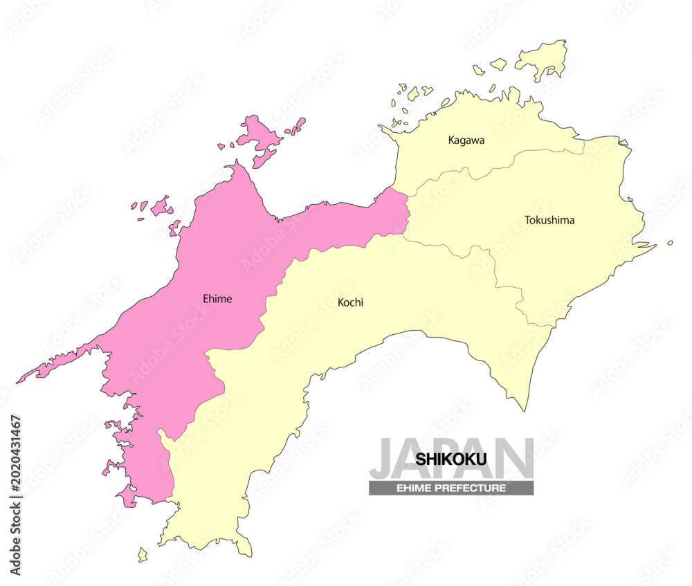 Obraz premium [日本地図] 四国の愛媛県の県名入り位置地図 (英語)
